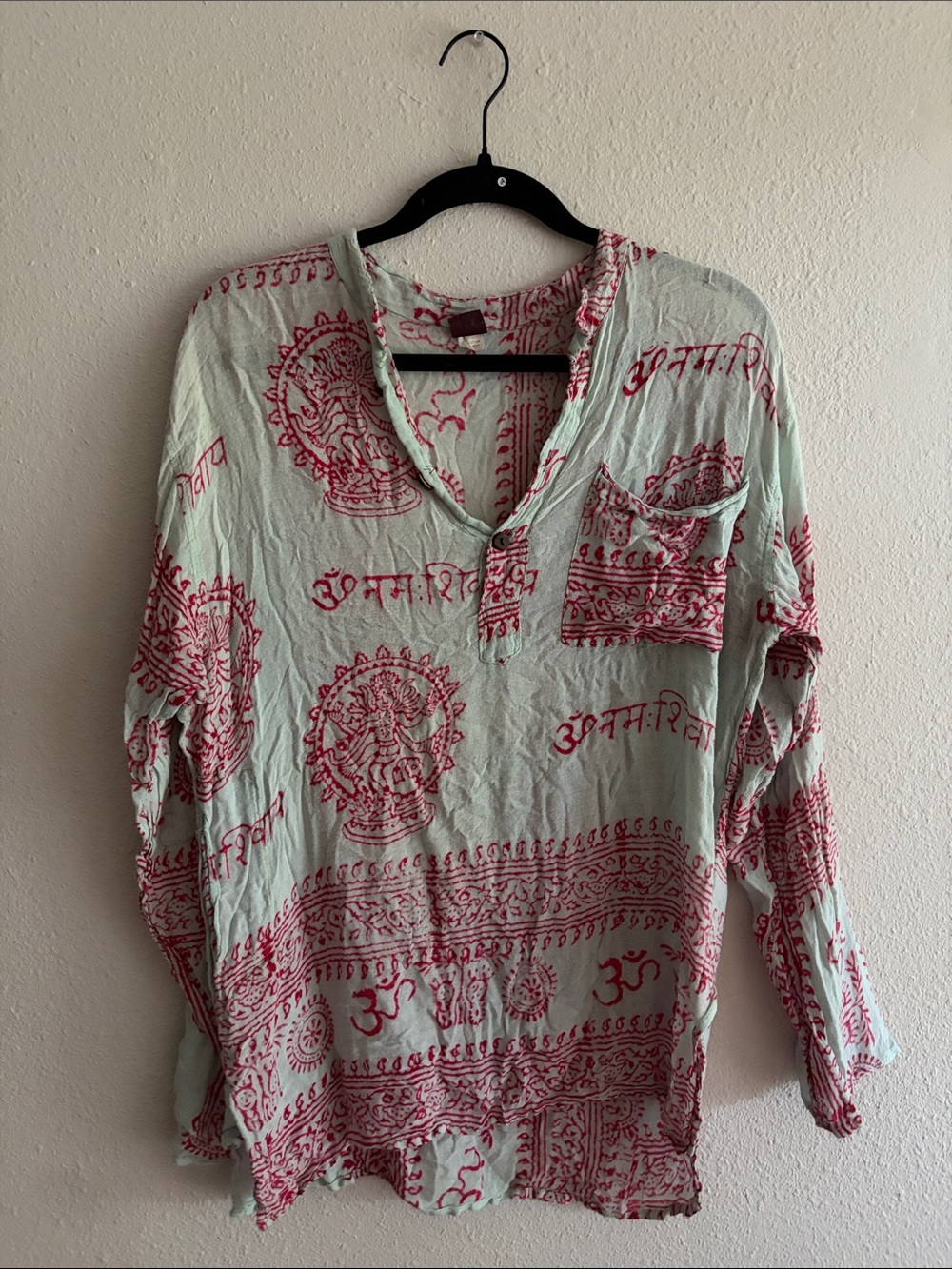 Light Mint Green Tunic Top with Red Printed Motif